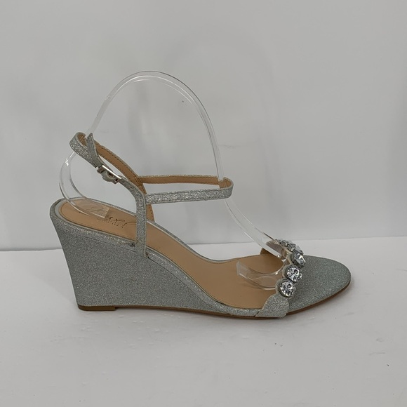 Jewel Badgley Mischka wedge shoe silver metallic glitter clear crystal sandal 11 - Picture 1 of 7